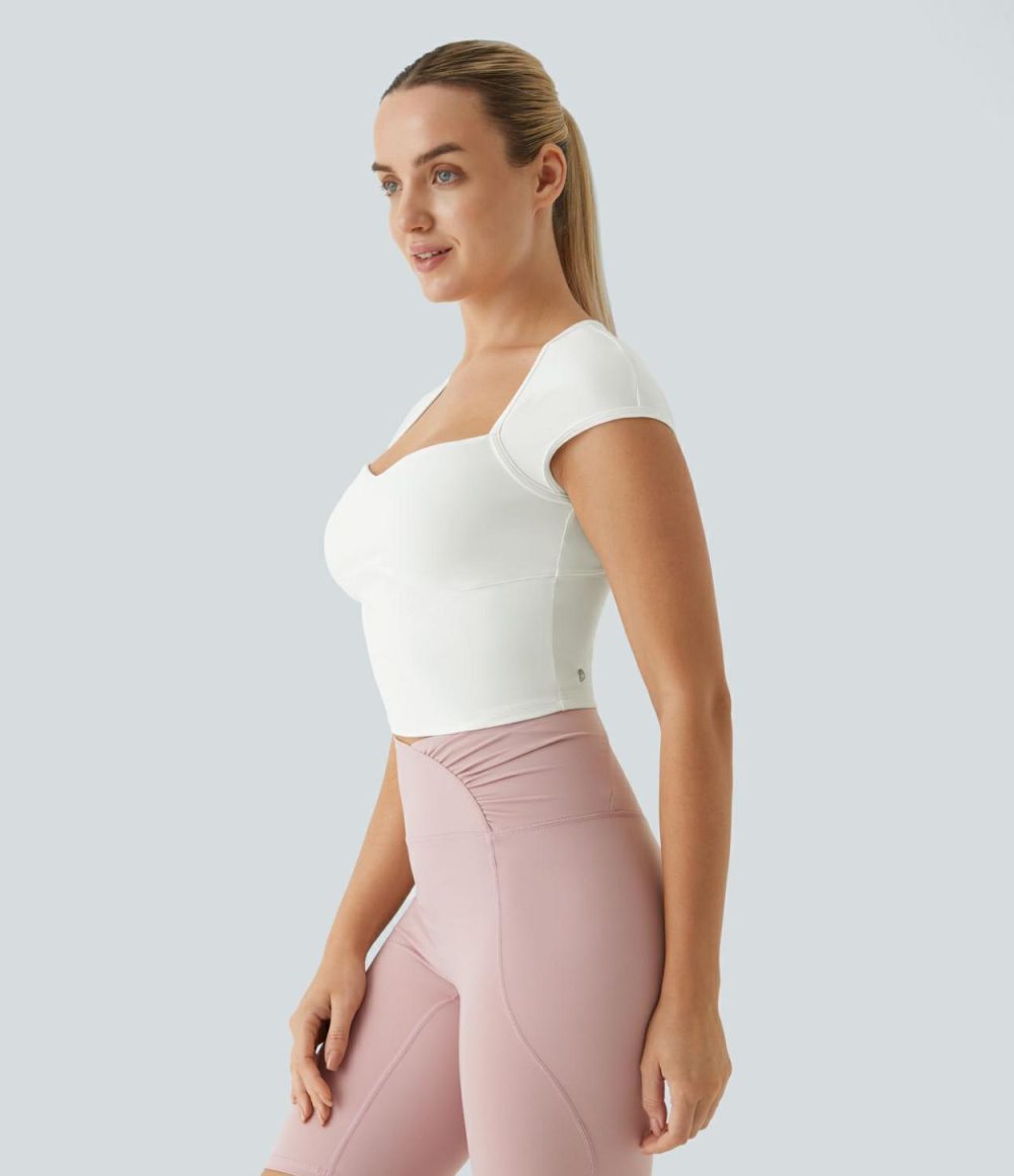 Softlyzero™ Sweetheart Neck Cut Out Cropped Slim Yoga Sports Top-UPF50+  | Womens  Sports Tops Clothing Apricot Sherbet/White