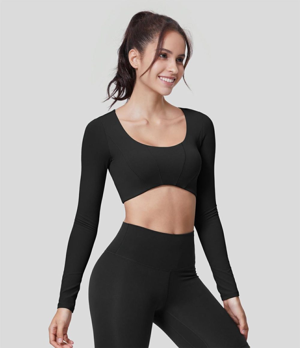 Softlyzero™ U Neck Long Sleeve Cropped Yoga Sports Top-UPF50+  | Womens  Sports Tops Clothing Black/Asparagus