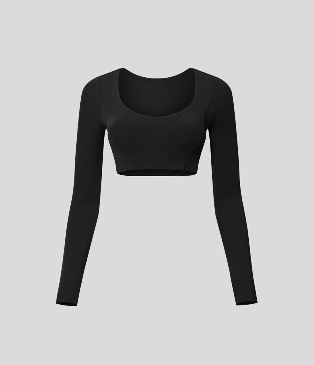 Softlyzero™ U Neck Long Sleeve Cropped Yoga Sports Top-UPF50+  | Womens  Sports Tops Clothing Black/Asparagus