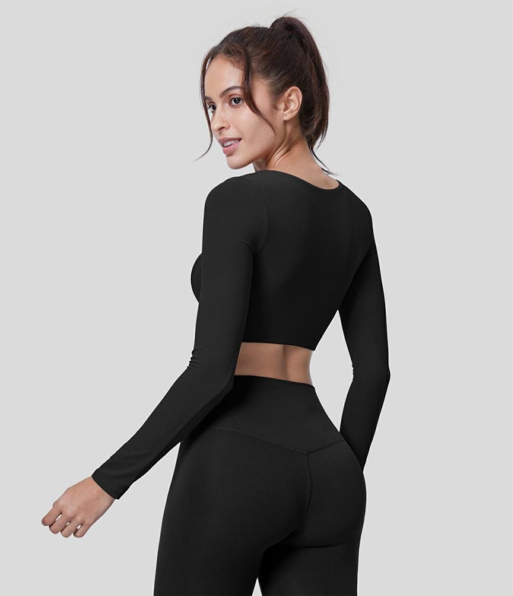 Softlyzero™ U Neck Long Sleeve Cropped Yoga Sports Top-UPF50+  | Womens  Sports Tops Clothing Black/Asparagus