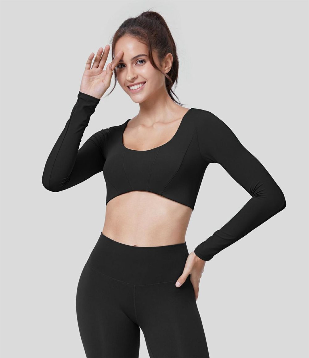 Softlyzero™ U Neck Long Sleeve Cropped Yoga Sports Top-UPF50+  | Womens  Sports Tops Clothing Black/Asparagus