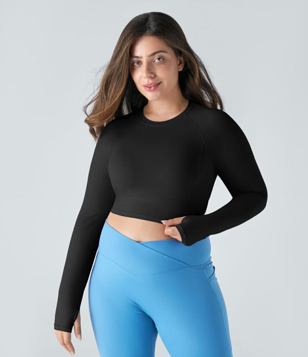 Solid Thumb Hole Cropped Yoga Plus Size Sports Top  | Womens  Cropped Tops Clothing Black/Pale Lilac