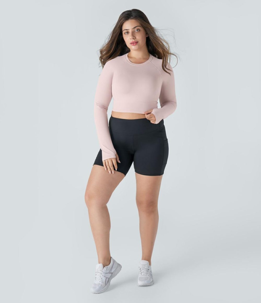 Solid Thumb Hole Cropped Yoga Plus Size Sports Top  | Womens  Cropped Tops Clothing Black/Pale Lilac