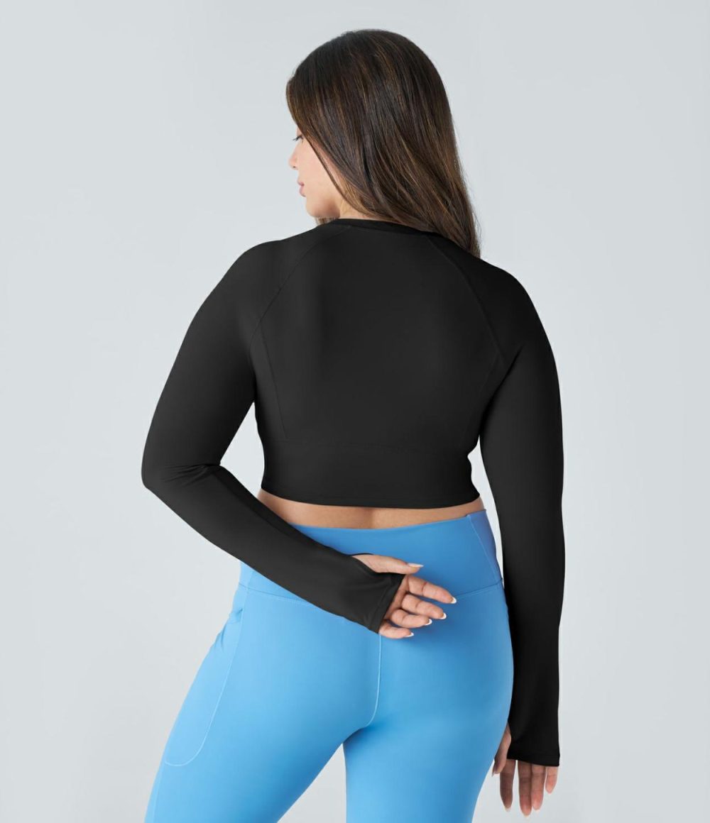 Solid Thumb Hole Cropped Yoga Plus Size Sports Top  | Womens  Cropped Tops Clothing Black/Pale Lilac