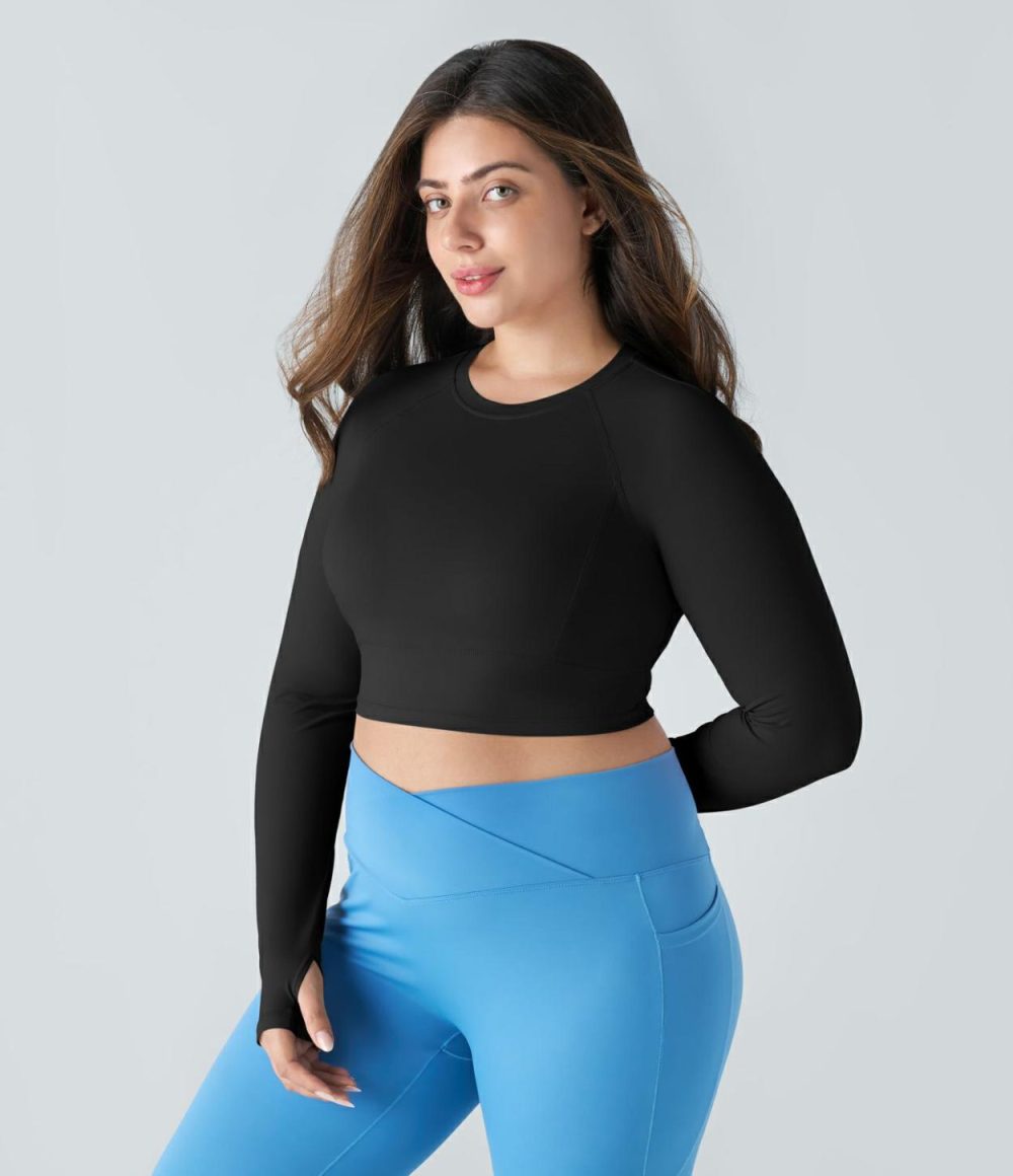 Solid Thumb Hole Cropped Yoga Plus Size Sports Top  | Womens  Cropped Tops Clothing Black/Pale Lilac