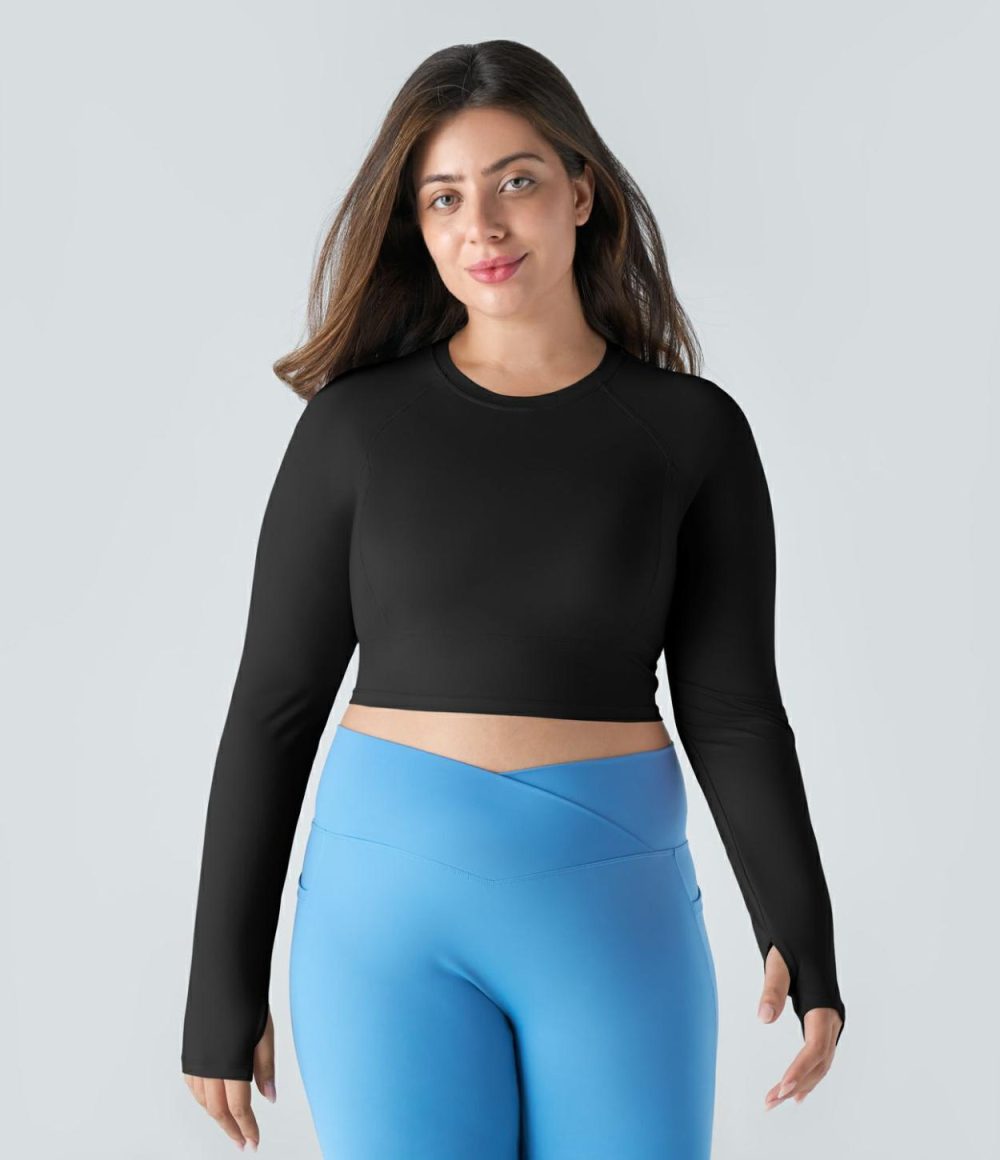 Solid Thumb Hole Cropped Yoga Plus Size Sports Top  | Womens  Cropped Tops Clothing Black/Pale Lilac