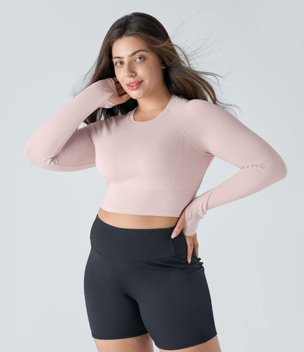 Solid Thumb Hole Cropped Yoga Plus Size Sports Top  | Womens  Cropped Tops Clothing Black/Pale Lilac