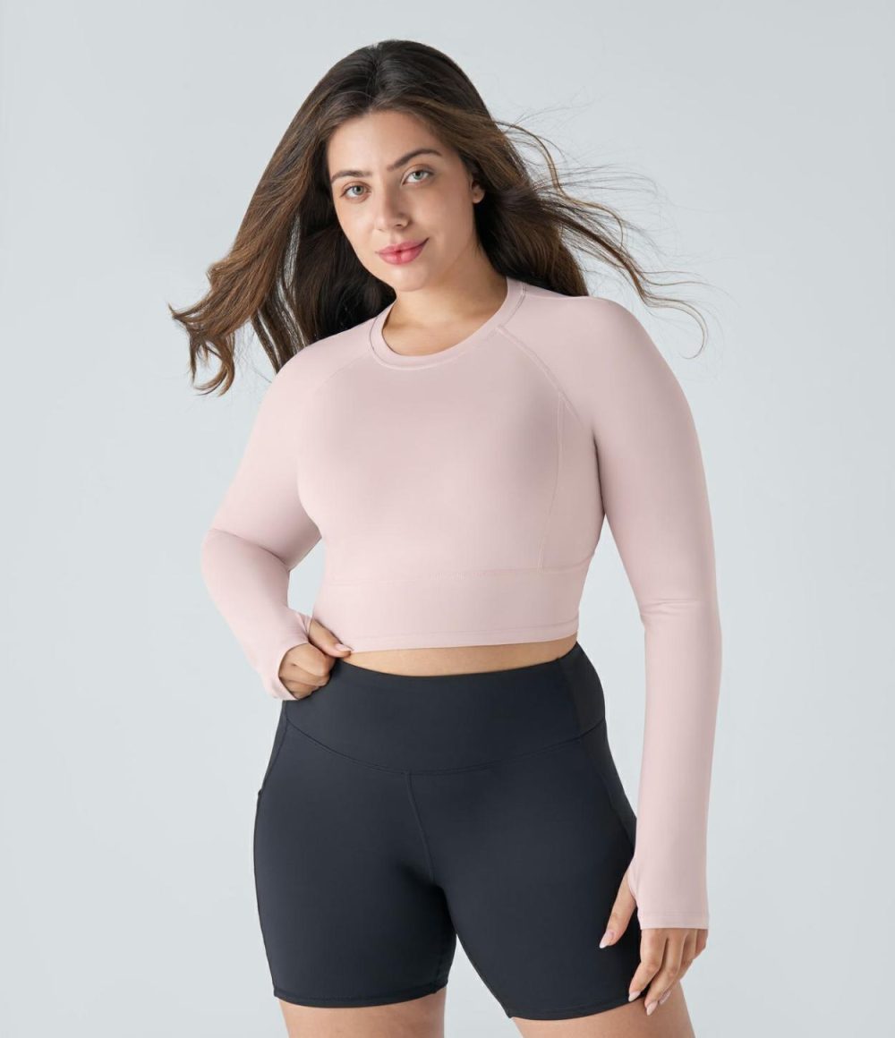 Solid Thumb Hole Cropped Yoga Plus Size Sports Top  | Womens  Cropped Tops Clothing Black/Pale Lilac