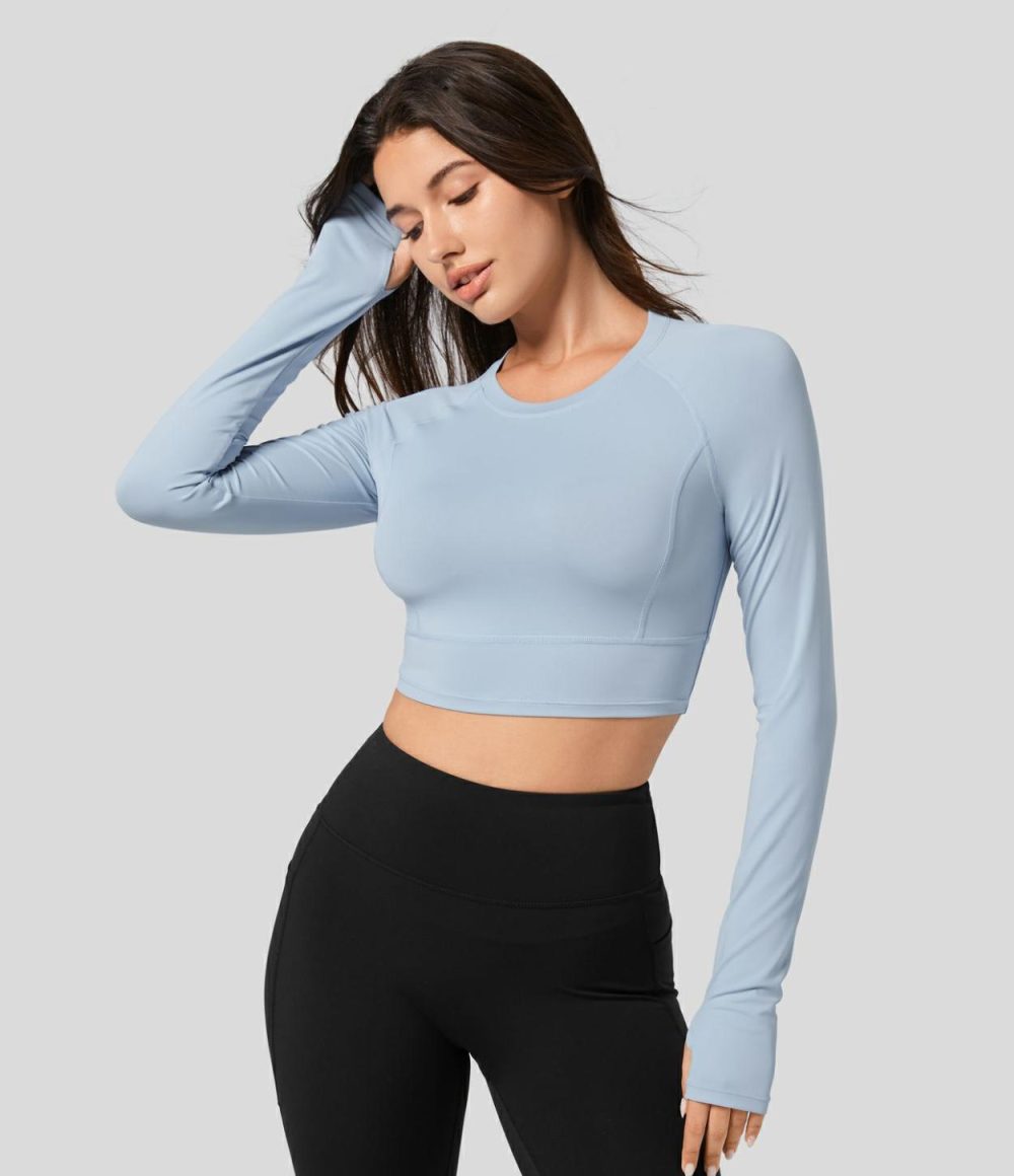 Solid Thumb Hole Cropped Yoga Sports Top  | Womens  Sports Tops Clothing Pale Lilac/Ballad Blue/New Maroon/Mica Gray Denim/Mood Indigo/Maroon Banner/Green Shade/Black