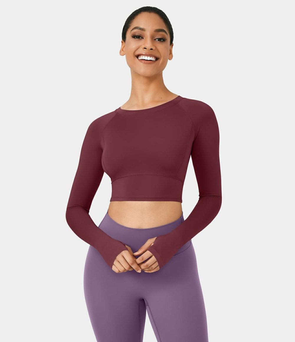 Solid Thumb Hole Cropped Yoga Sports Top  | Womens  Sports Tops Clothing Pale Lilac/Ballad Blue/New Maroon/Mica Gray Denim/Mood Indigo/Maroon Banner/Green Shade/Black