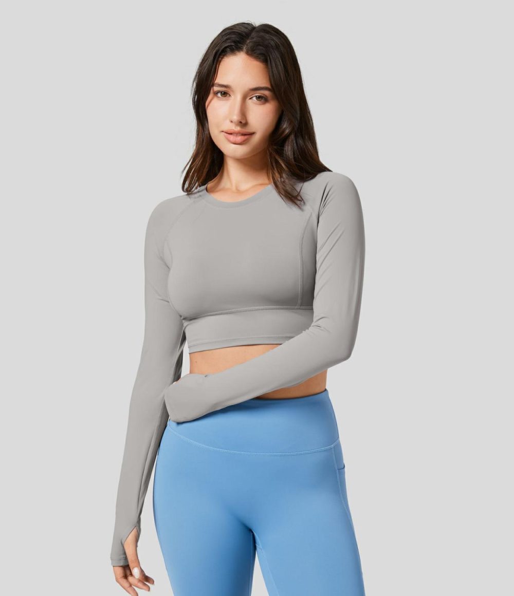 Solid Thumb Hole Cropped Yoga Sports Top  | Womens  Sports Tops Clothing Pale Lilac/Ballad Blue/New Maroon/Mica Gray Denim/Mood Indigo/Maroon Banner/Green Shade/Black