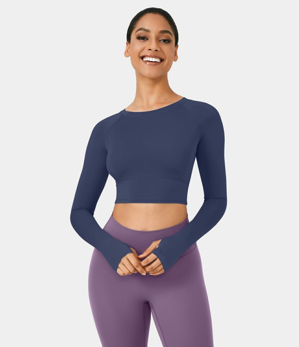 Solid Thumb Hole Cropped Yoga Sports Top  | Womens  Sports Tops Clothing Pale Lilac/Ballad Blue/New Maroon/Mica Gray Denim/Mood Indigo/Maroon Banner/Green Shade/Black