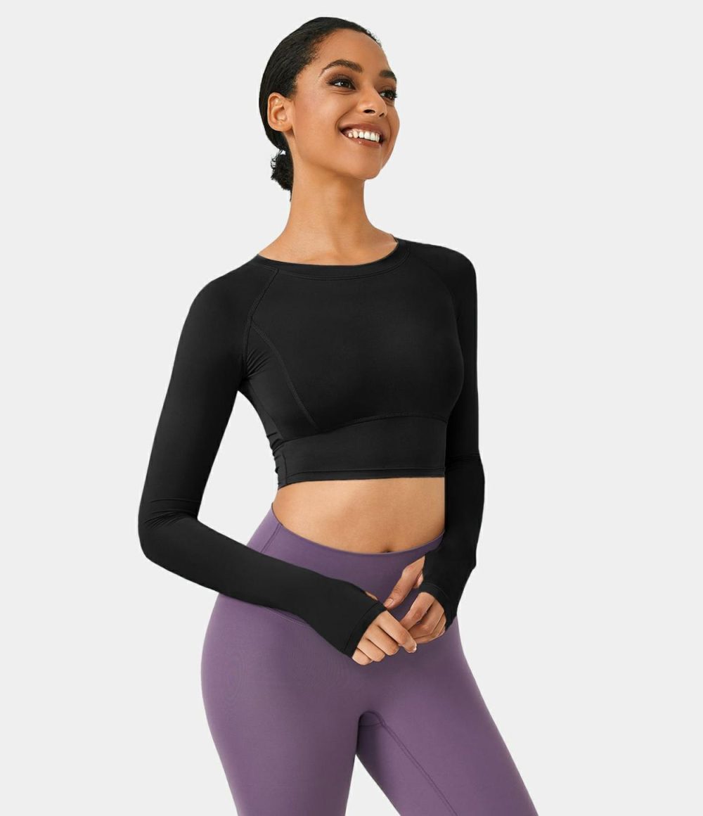 Solid Thumb Hole Cropped Yoga Sports Top  | Womens  Sports Tops Clothing Pale Lilac/Ballad Blue/New Maroon/Mica Gray Denim/Mood Indigo/Maroon Banner/Green Shade/Black