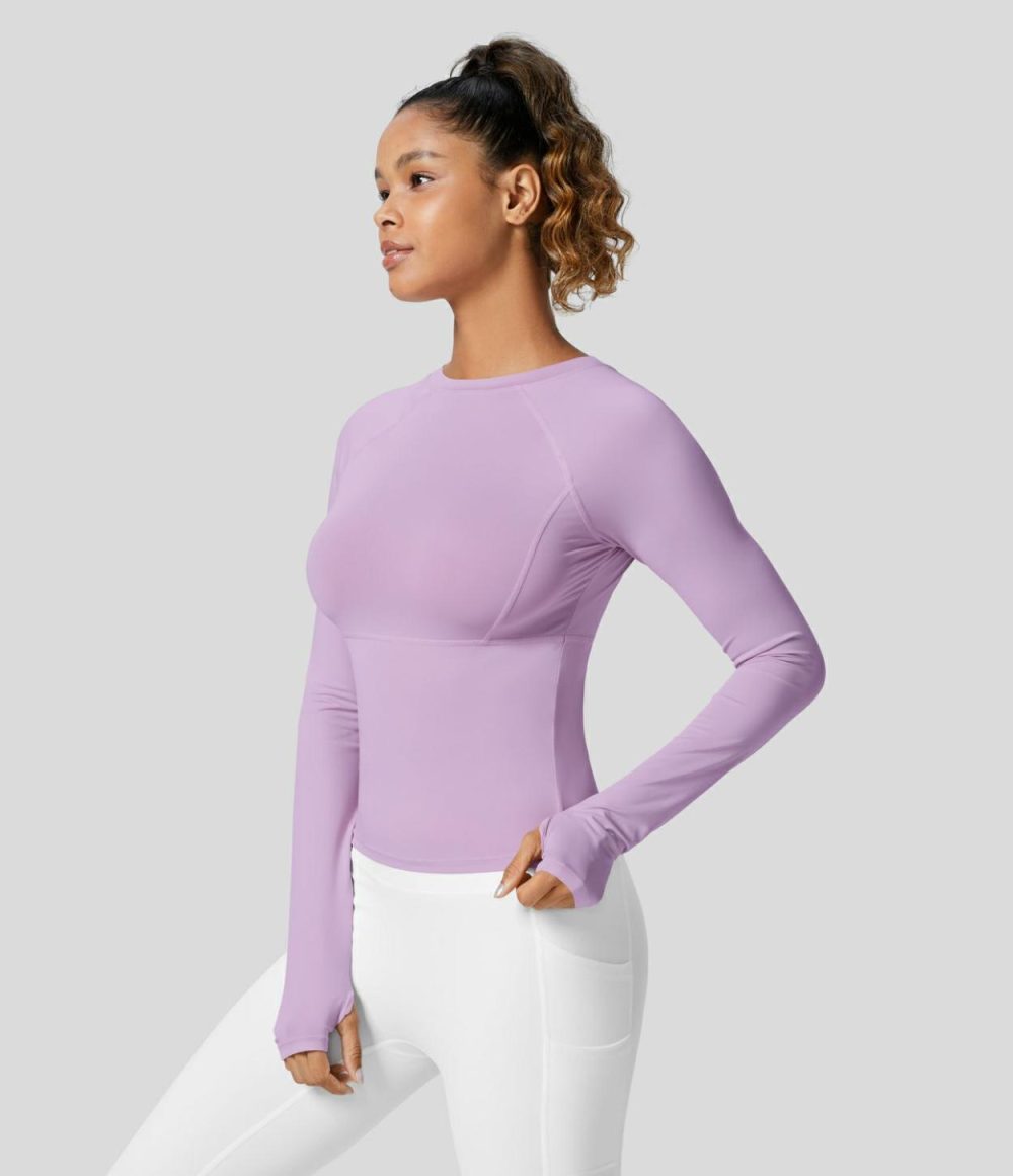 Solid Thumb Hole Yoga Sports Top  | Womens  Sports Tops Clothing Pale Lilac/Deep Sapphire Blue/Mica Gray Denim/Ballad Blue/Plum Pink Purple/Black/Cream Tan/Almost Aqua/Pink Dolphin/New Maroon