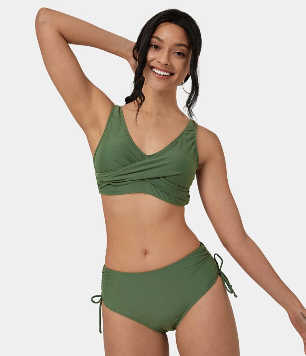 Solid V Neck Tie Side Bikini Set Swimsuit  | Womens  Swimwear Sets Clothing Sage Green/Black