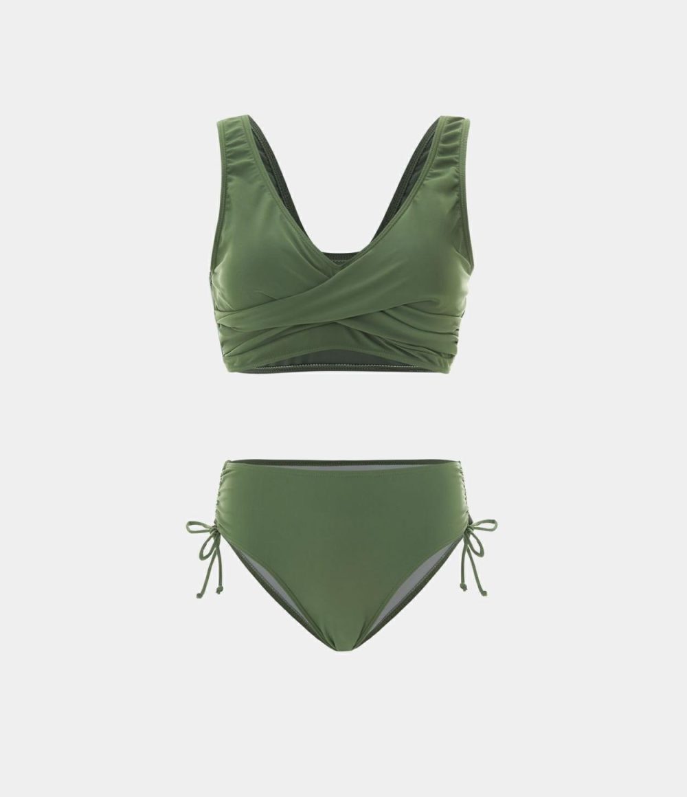 Solid V Neck Tie Side Bikini Set Swimsuit  | Womens  Swimwear Sets Clothing Sage Green/Black