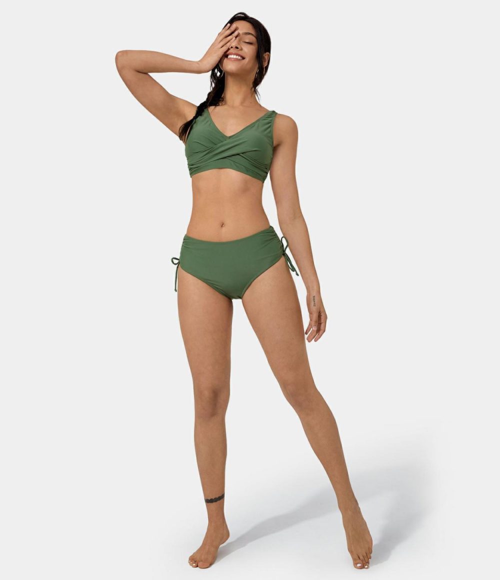 Solid V Neck Tie Side Bikini Set Swimsuit  | Womens  Swimwear Sets Clothing Sage Green/Black