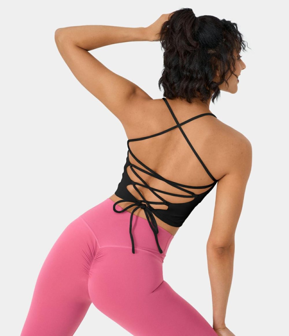 Spaghetti Strap Backless Crisscross Lace Up Cropped Yoga Tank Top  | Womens  Cropped Tops Clothing Ancient Water/Black/Garden Glade