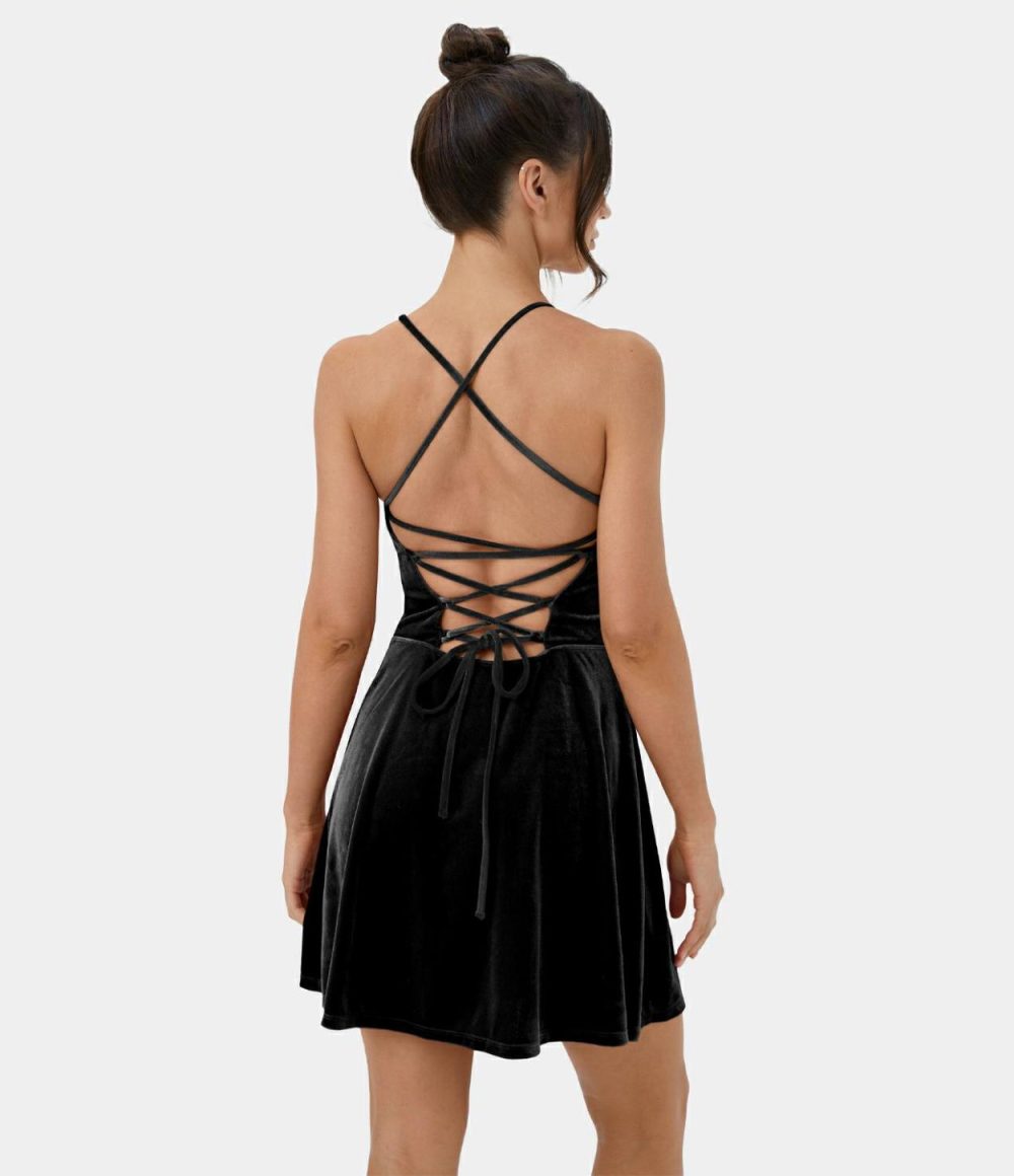 Spaghetti Strap Backless Crisscross Lace Up Velvet Mini Casual Dress  | Womens  Mini Dresses Clothing Mini Dresses