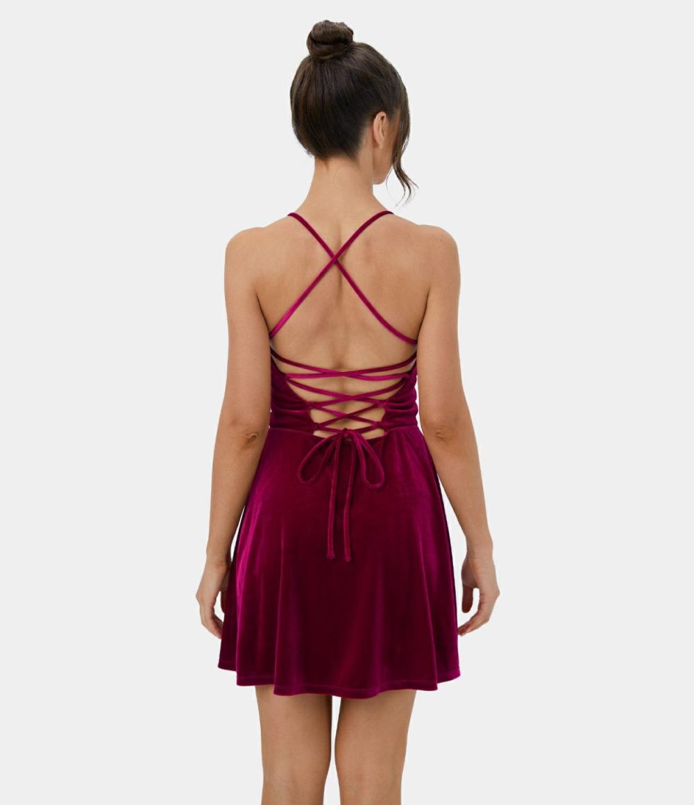 Spaghetti Strap Backless Crisscross Lace Up Velvet Mini Casual Dress  | Womens  Mini Dresses Clothing Mini Dresses