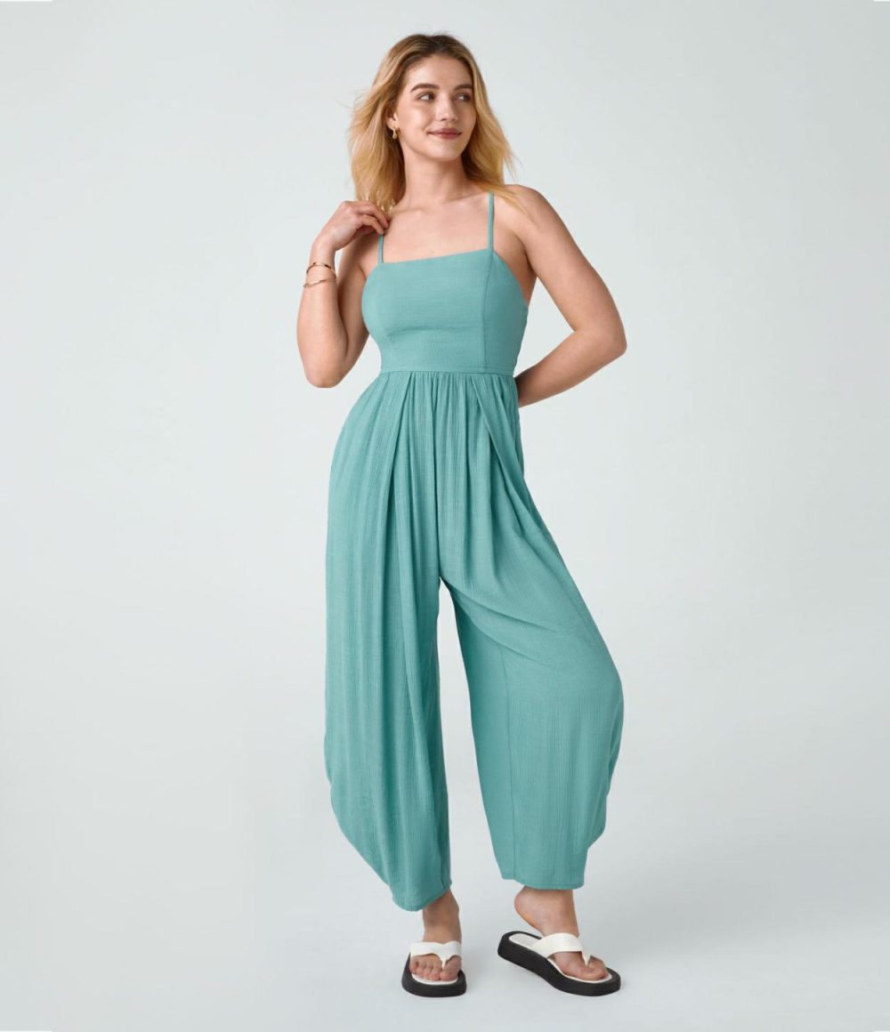 Spaghetti Strap Backless Lace Up Plicated Side Pocket Resort Jumpsuit  | Womens  Dressey Jumpsuits Clothing Brandy Snifter/Black/Nile Blue/Maritime Blue/Rosy Purple/Dusty Cyan Blue/Khaki Brown/Quiet Pool Green