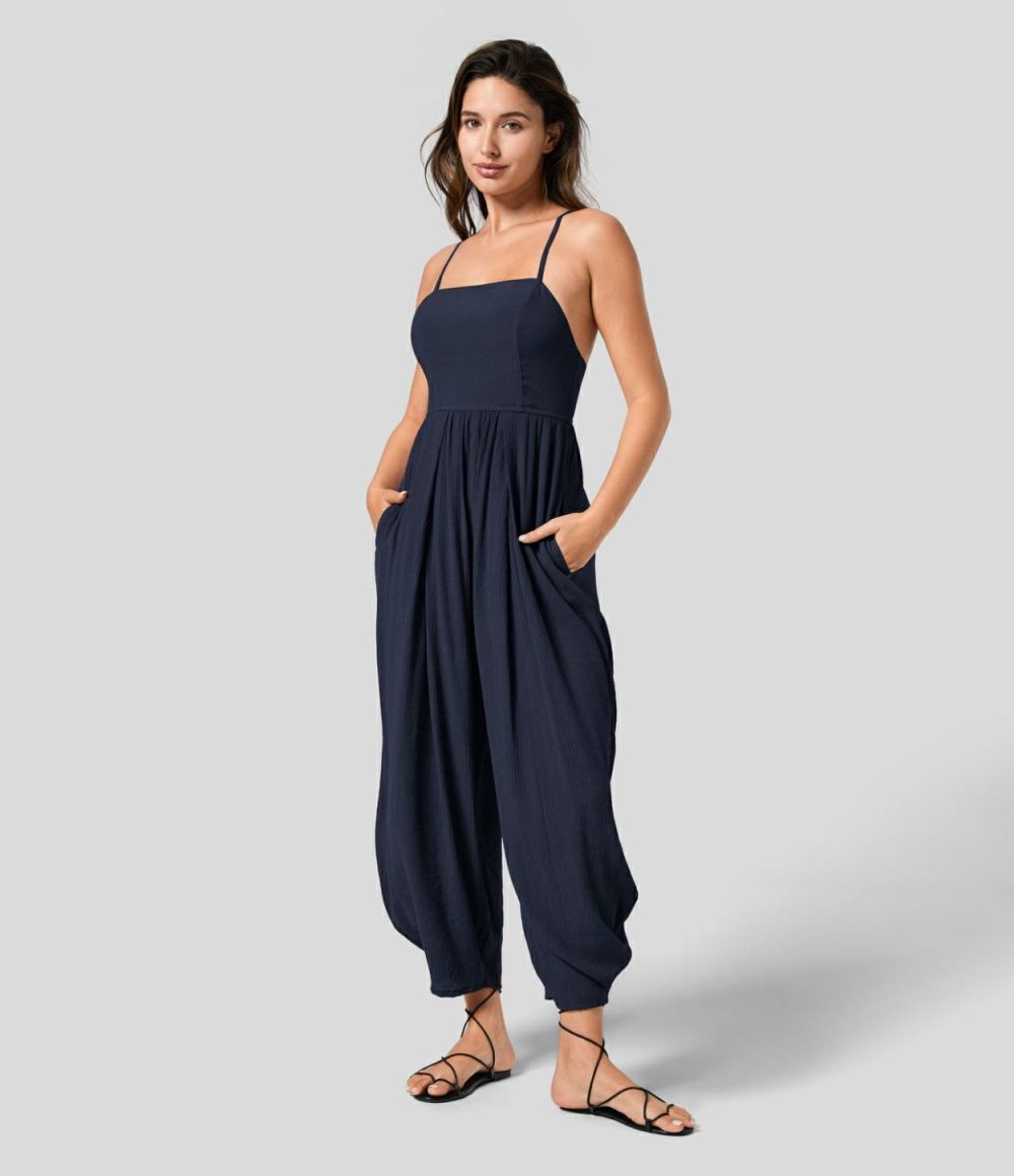 Spaghetti Strap Backless Lace Up Plicated Side Pocket Resort Jumpsuit  | Womens  Dressey Jumpsuits Clothing Brandy Snifter/Black/Nile Blue/Maritime Blue/Rosy Purple/Dusty Cyan Blue/Khaki Brown/Quiet Pool Green