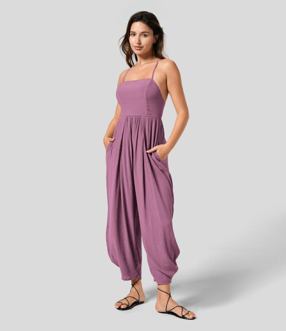 Spaghetti Strap Backless Lace Up Plicated Side Pocket Resort Jumpsuit  | Womens  Dressey Jumpsuits Clothing Brandy Snifter/Black/Nile Blue/Maritime Blue/Rosy Purple/Dusty Cyan Blue/Khaki Brown/Quiet Pool Green