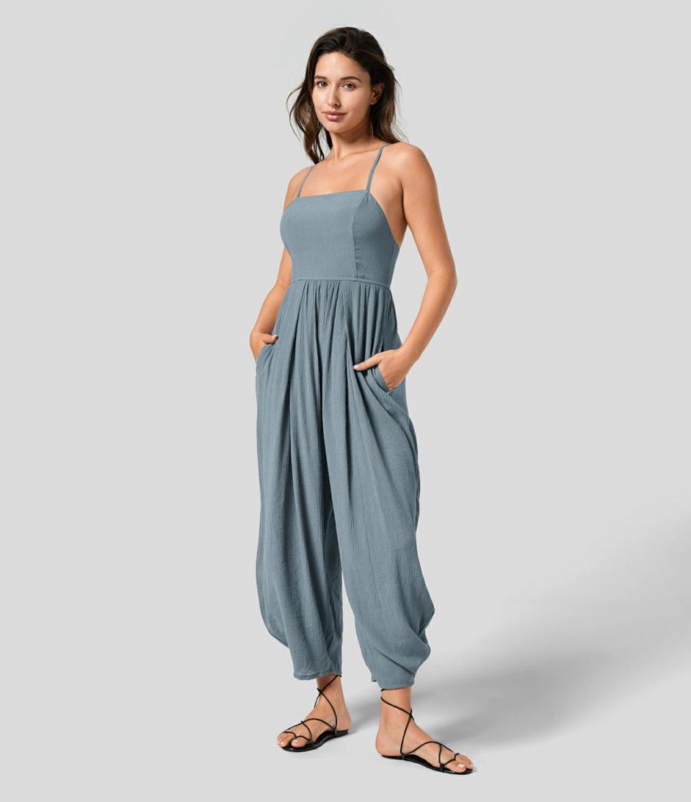 Spaghetti Strap Backless Lace Up Plicated Side Pocket Resort Jumpsuit  | Womens  Dressey Jumpsuits Clothing Brandy Snifter/Black/Nile Blue/Maritime Blue/Rosy Purple/Dusty Cyan Blue/Khaki Brown/Quiet Pool Green