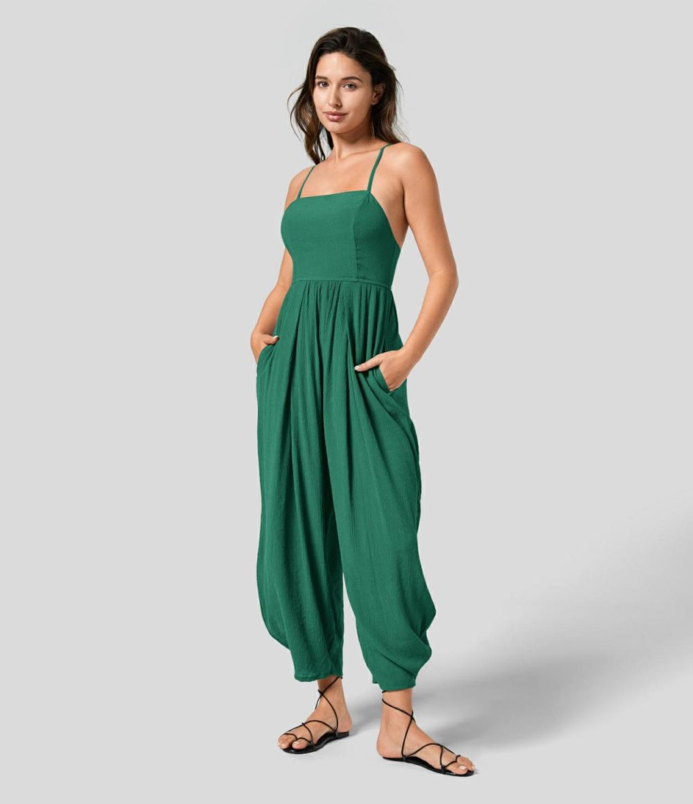 Spaghetti Strap Backless Lace Up Plicated Side Pocket Resort Jumpsuit  | Womens  Dressey Jumpsuits Clothing Brandy Snifter/Black/Nile Blue/Maritime Blue/Rosy Purple/Dusty Cyan Blue/Khaki Brown/Quiet Pool Green