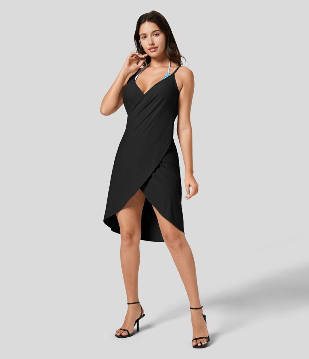 Spaghetti Strap Crossover Backless Cover Up Wrap Cool Touch Resort Dress-UPF50+  | Womens  Cover Ups Clothing Cover Ups