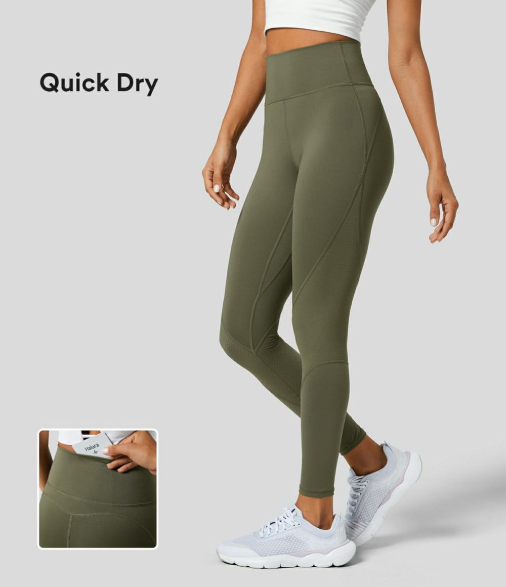 SpeedWave™ High Waisted Back Pocket Contrast Quick Dry 7/8 Running Leggings  | Womens  Pocket Leggings Clothing Grass Grey Green/Black