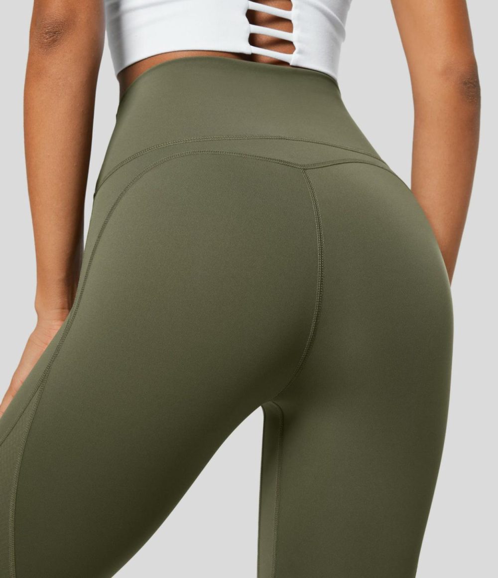 SpeedWave™ High Waisted Back Pocket Contrast Quick Dry 7/8 Running Leggings  | Womens  Pocket Leggings Clothing Grass Grey Green/Black