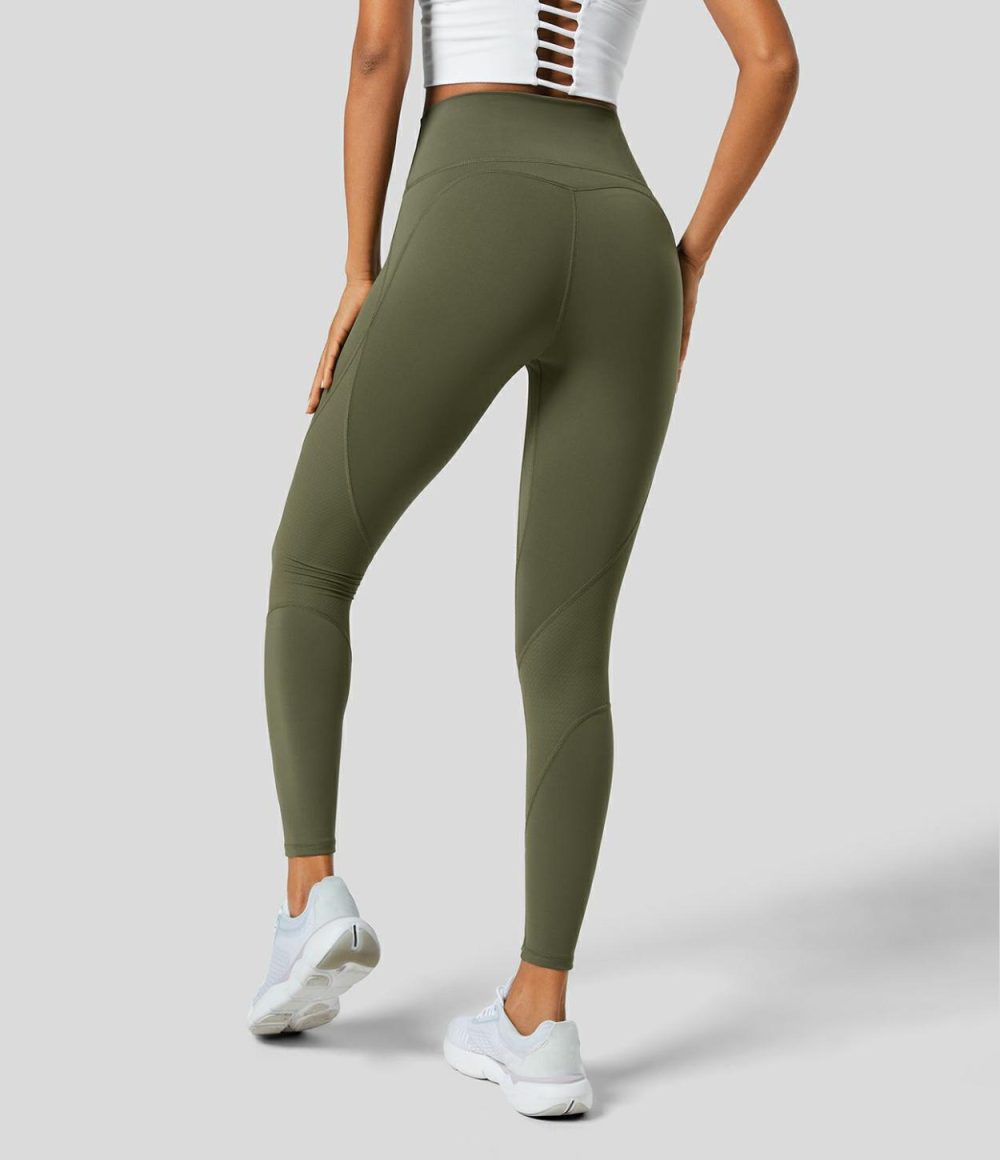 SpeedWave™ High Waisted Back Pocket Contrast Quick Dry 7/8 Running Leggings  | Womens  Pocket Leggings Clothing Grass Grey Green/Black