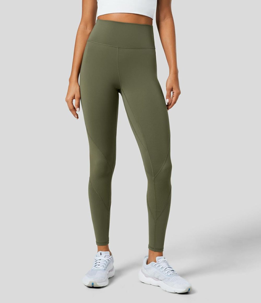 SpeedWave™ High Waisted Back Pocket Contrast Quick Dry 7/8 Running Leggings  | Womens  Pocket Leggings Clothing Grass Grey Green/Black