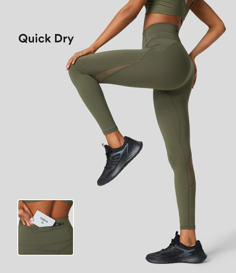 SpeedWave™ High Waisted Back Zip Pocket Contrast Mesh Quick Dry 7/8 Workout Leggings  | Womens  Pocket Leggings Clothing Grass Grey Green/Black