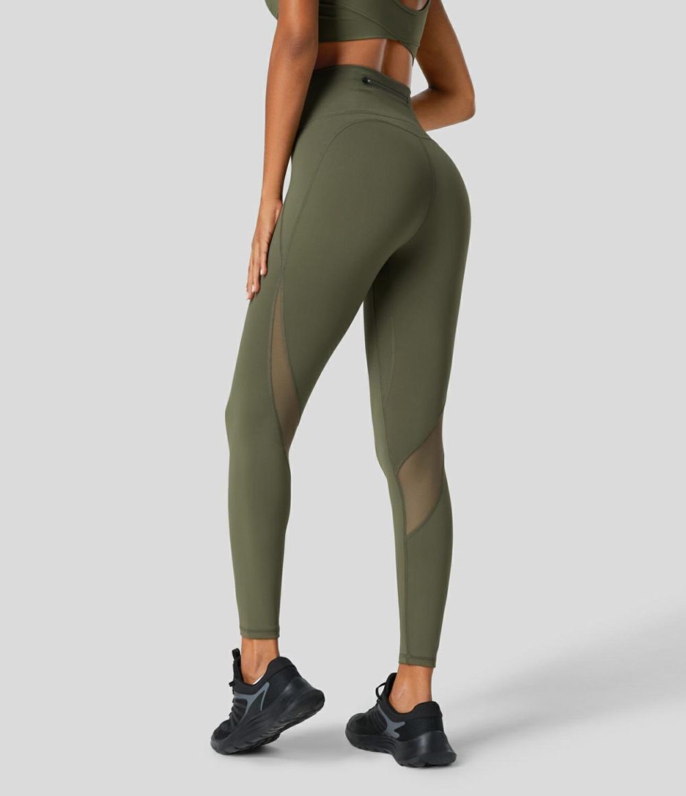 SpeedWave™ High Waisted Back Zip Pocket Contrast Mesh Quick Dry 7/8 Workout Leggings  | Womens  Pocket Leggings Clothing Grass Grey Green/Black