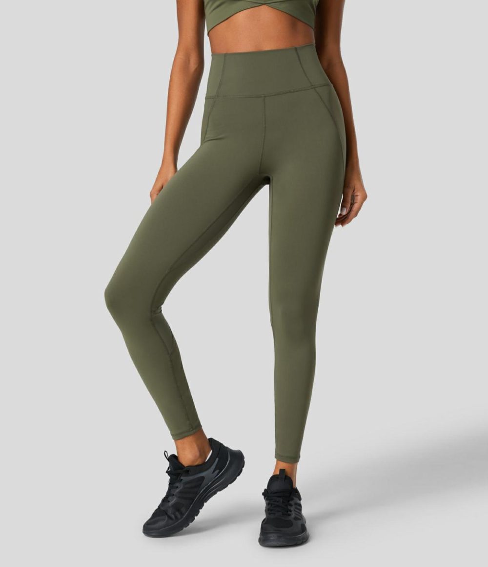 SpeedWave™ High Waisted Back Zip Pocket Contrast Mesh Quick Dry 7/8 Workout Leggings  | Womens  Pocket Leggings Clothing Grass Grey Green/Black