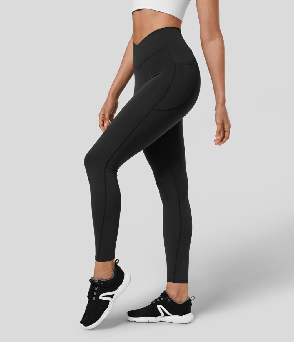 SpeedWave™ High Waisted Crossover Pocket Quick Dry 7/8 Workout Leggings  | Womens  Crossover Leggings Clothing Black/Inkling