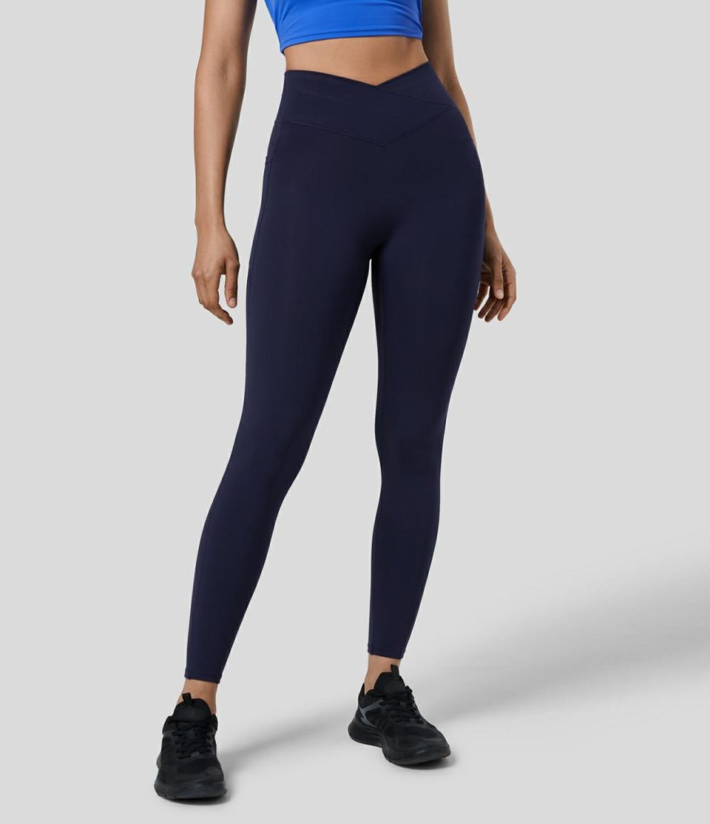 SpeedWave™ High Waisted Crossover Pocket Quick Dry 7/8 Workout Leggings  | Womens  Crossover Leggings Clothing Black/Inkling