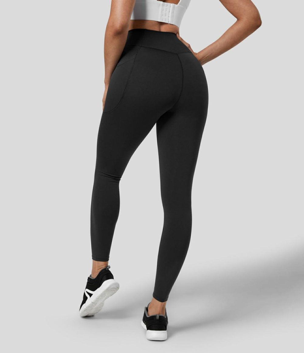 SpeedWave™ High Waisted Crossover Pocket Quick Dry 7/8 Workout Leggings  | Womens  Crossover Leggings Clothing Black/Inkling