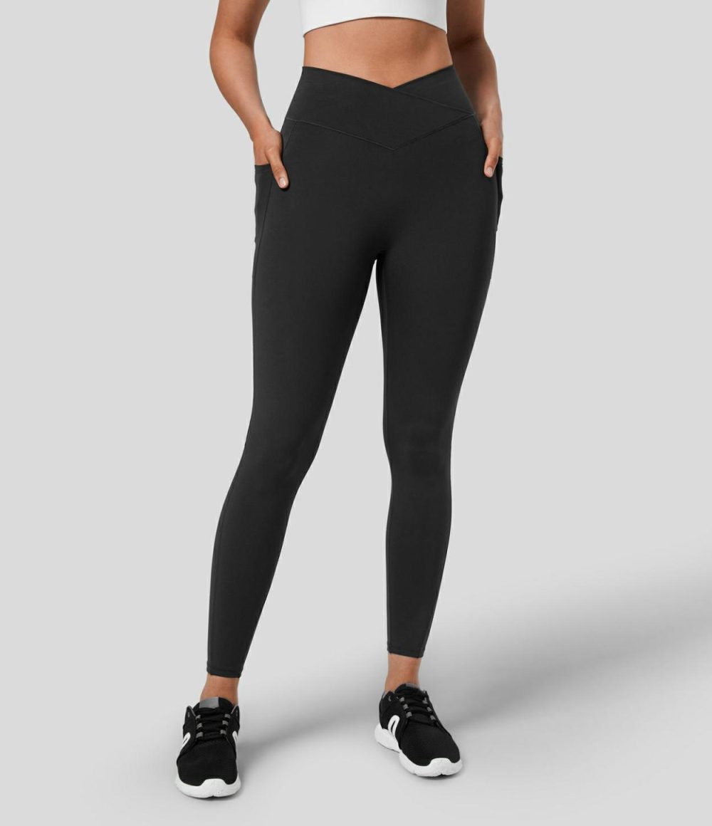 SpeedWave™ High Waisted Crossover Pocket Quick Dry 7/8 Workout Leggings  | Womens  Crossover Leggings Clothing Black/Inkling