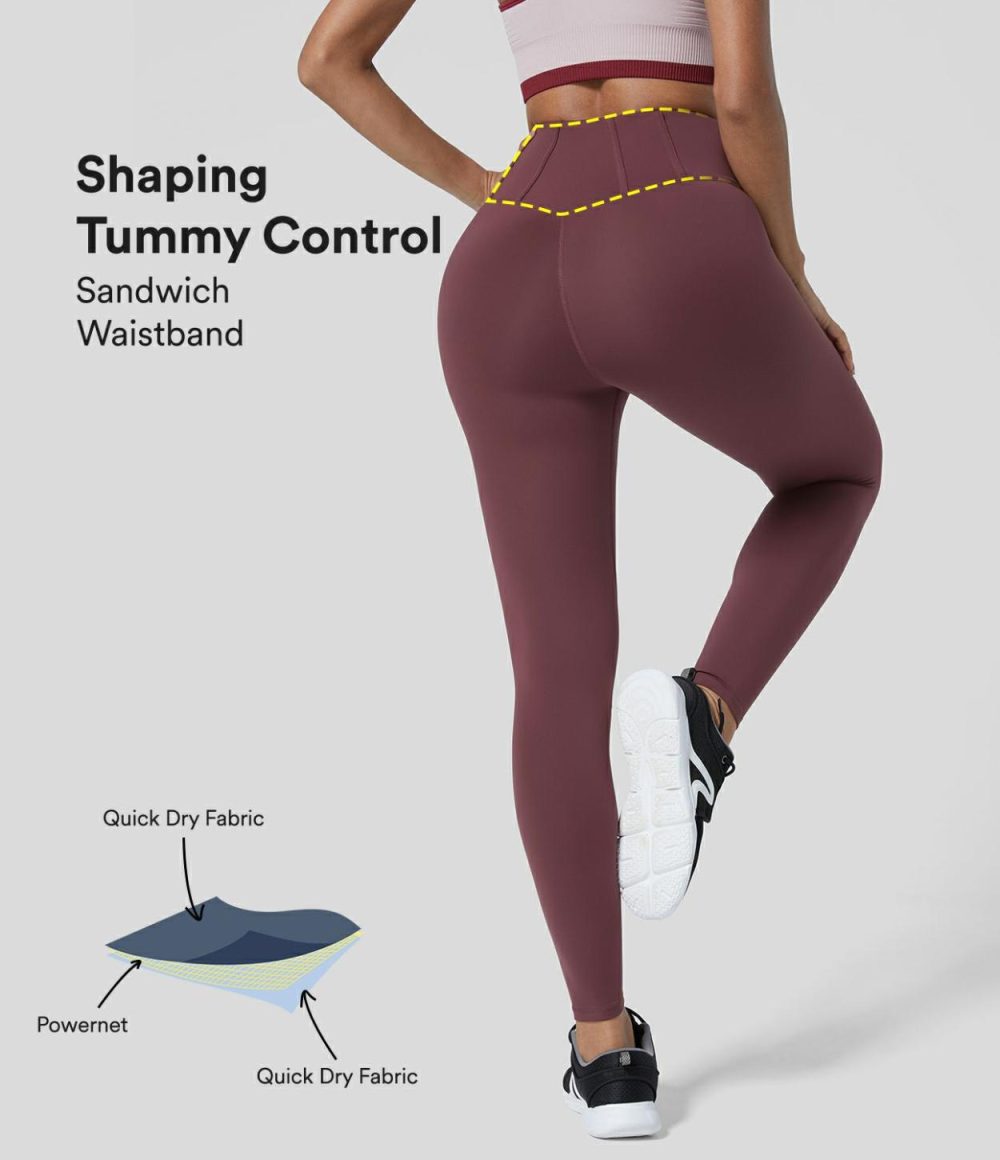 SpeedWave™ High Waisted Sandwich Waistband Tummy Control Quick Dry 7/8 Workout Leggings  | Womens  Training Leggings Clothing Maroon Banner/Black