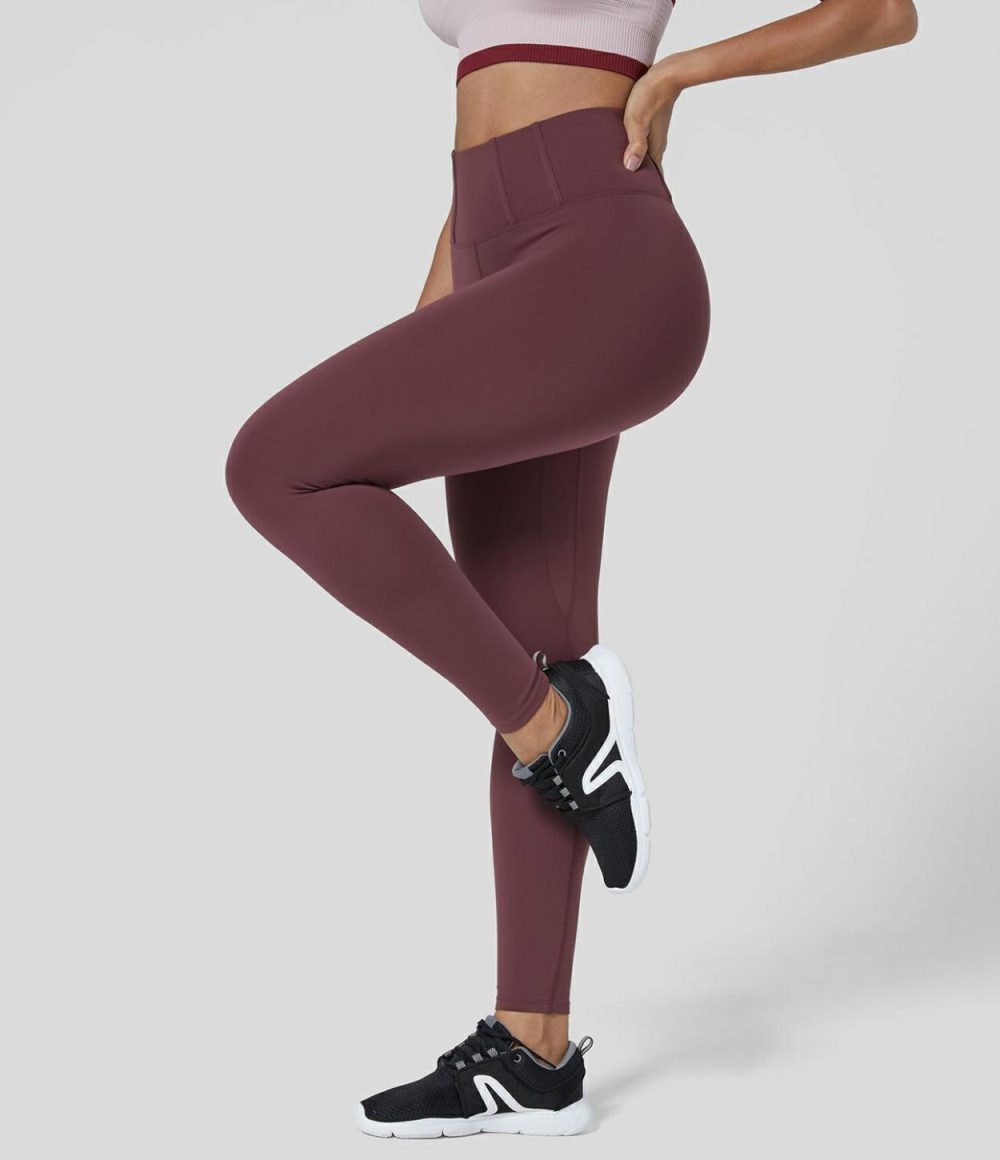 SpeedWave™ High Waisted Sandwich Waistband Tummy Control Quick Dry 7/8 Workout Leggings  | Womens  Training Leggings Clothing Maroon Banner/Black