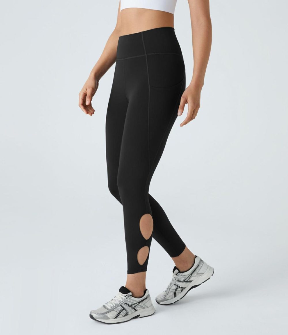 SpeedWave™ High Waisted Side Pocket Cut Out Quick Dry 7/8 Running Leggings  | Womens  Pocket Leggings Clothing Inkling/Black