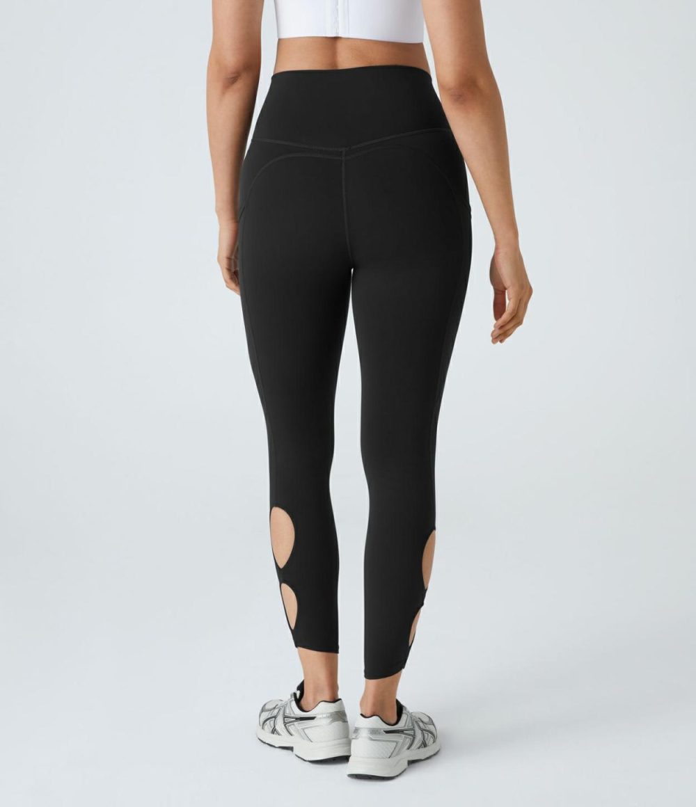 SpeedWave™ High Waisted Side Pocket Cut Out Quick Dry 7/8 Running Leggings  | Womens  Pocket Leggings Clothing Inkling/Black