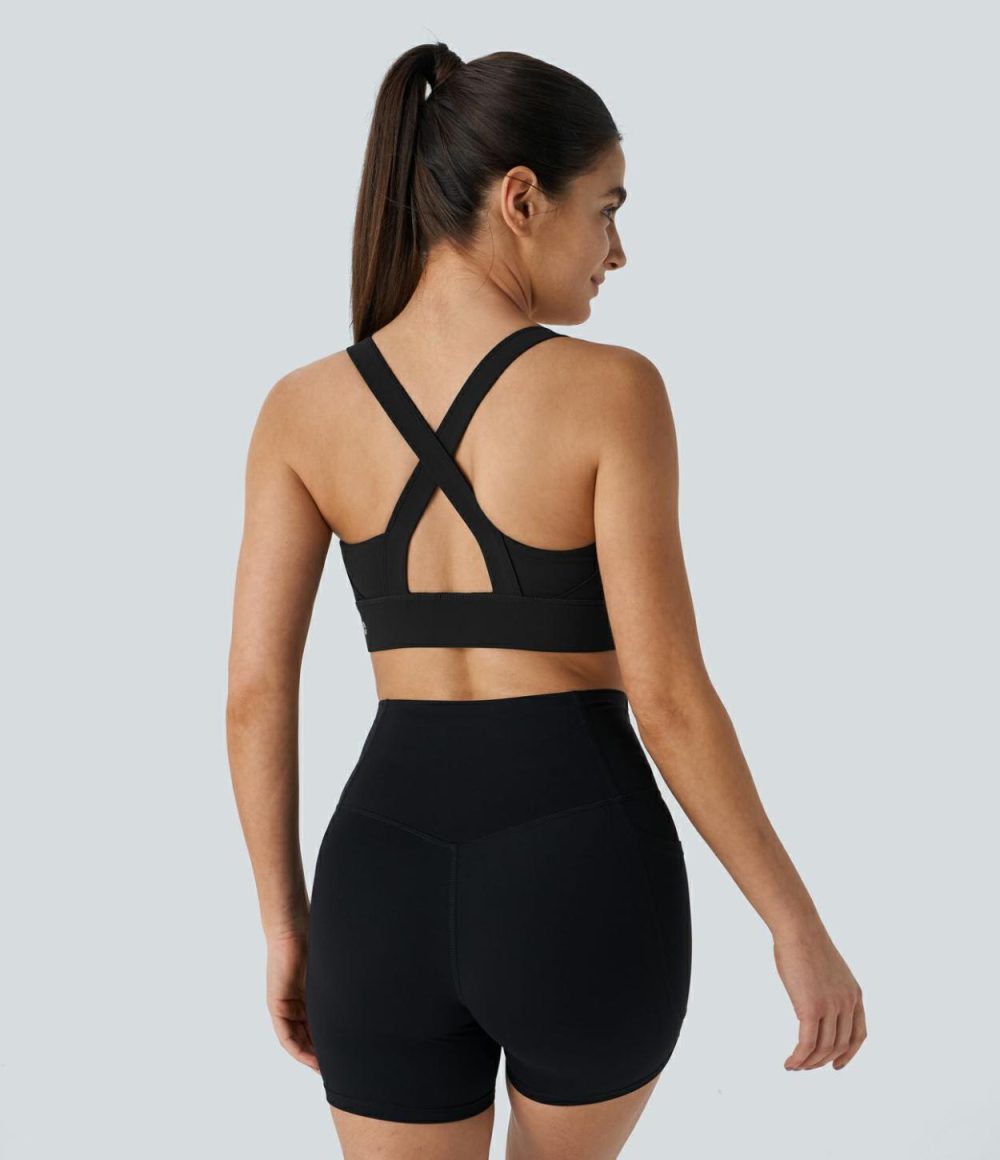 SpeedWave™ Medium Support Crisscross Backless Zipper Quick Dry Workout Sports Bra  | Womens  Sports Bras Clothing Inkling/Black