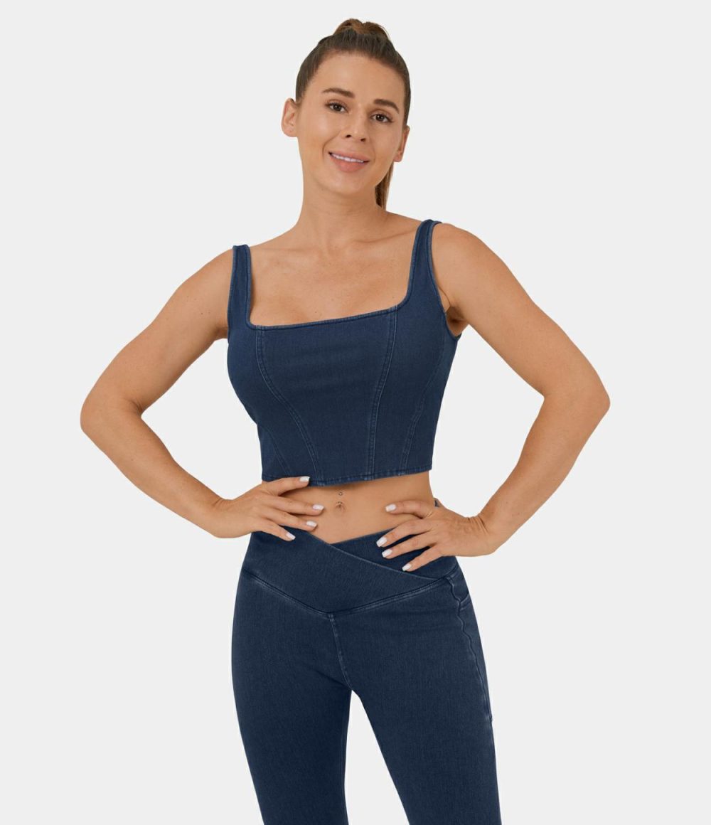 Square Neck Backless Corset Cool Touch Breathable Washed Stretchy Knit Denim Casual Tank Top  | Womens  Jeans Clothing Denim Indigo