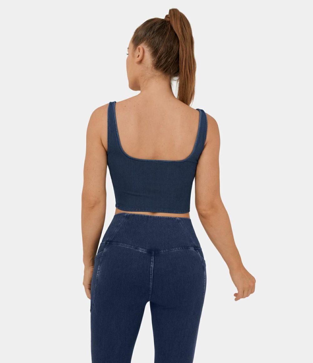 Square Neck Backless Corset Cool Touch Breathable Washed Stretchy Knit Denim Casual Tank Top  | Womens  Jeans Clothing Denim Indigo