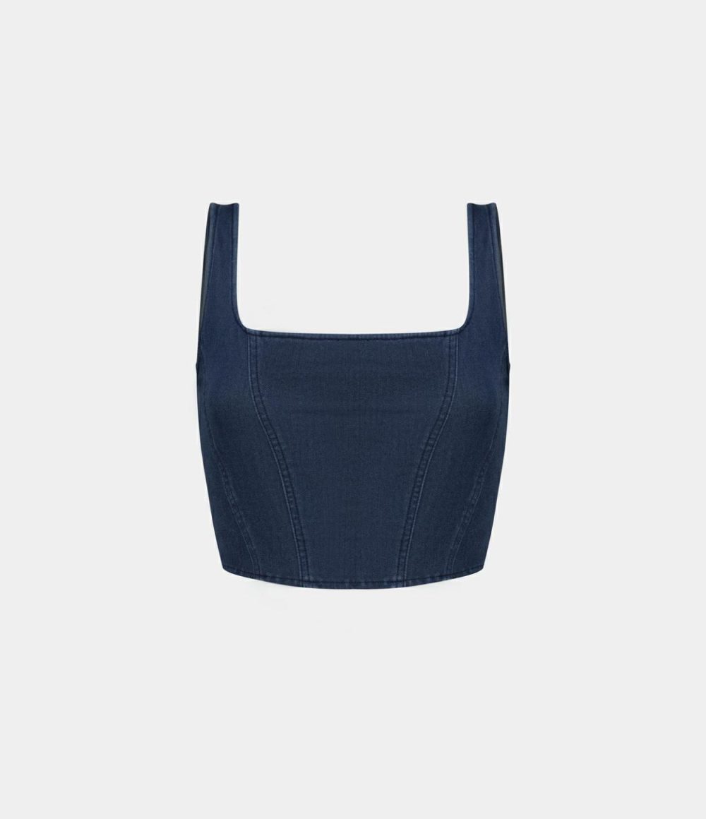 Square Neck Backless Corset Cool Touch Breathable Washed Stretchy Knit Denim Casual Tank Top  | Womens  Jeans Clothing Denim Indigo