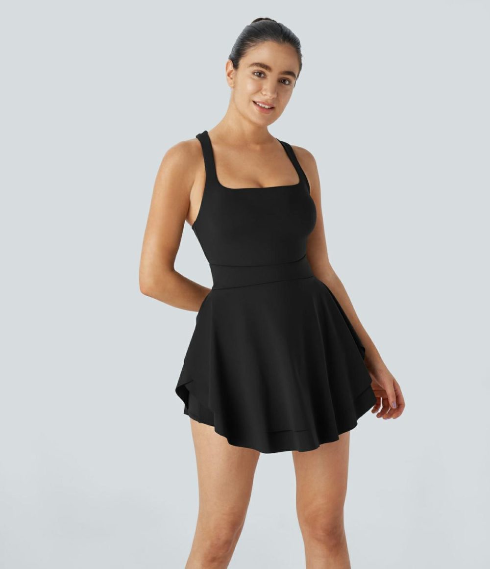 Square Neck Backless Crisscross 2-in-1 Side Pocket Layered Mini Active Dress  | Womens  Active Dresses Active Dresses Active Dresses